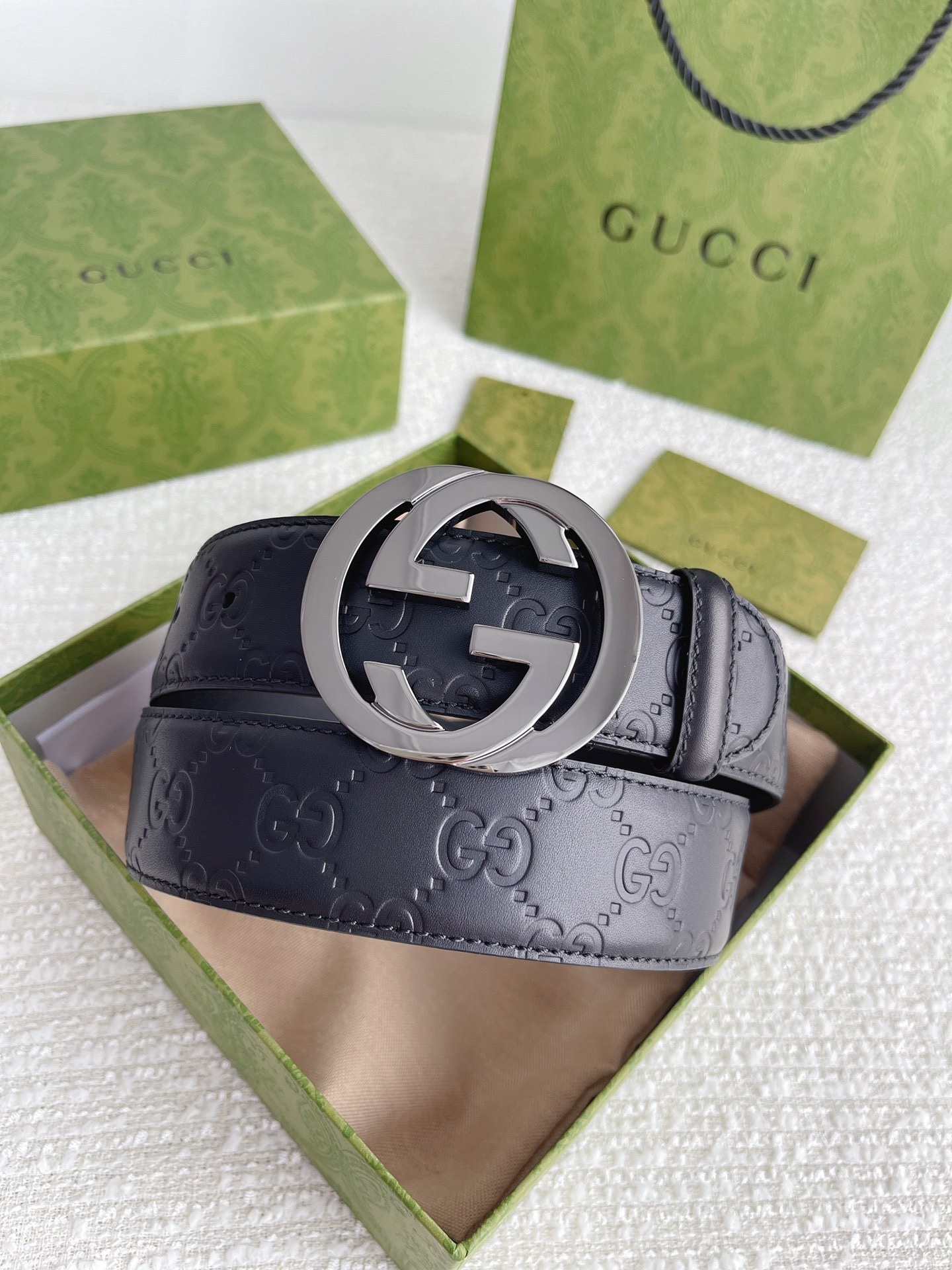 グッチ「Gucci」インターロッキングG バックル付き ワイドベルト100CM