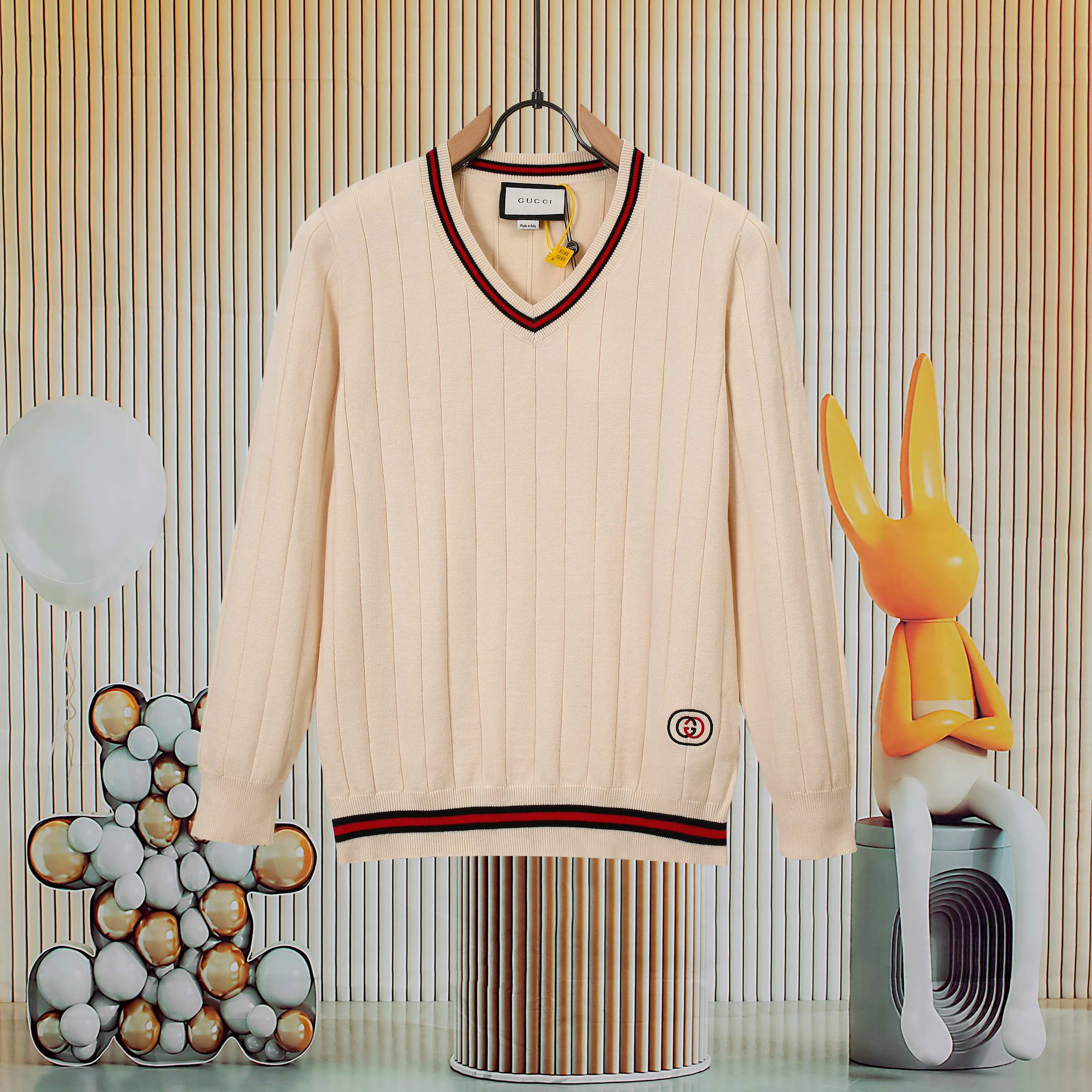 グッチ「Gucci」秋冬リブ編みグラデーションVネックニットセーター