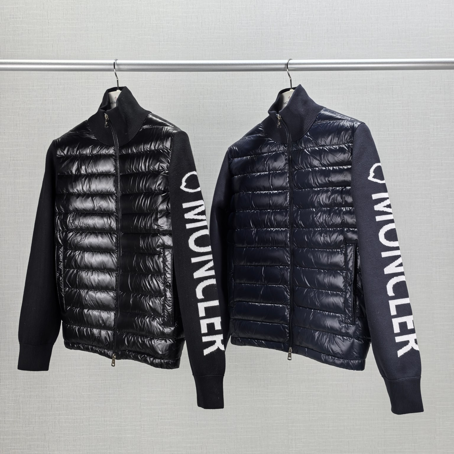 MONCLER モンクレール M29 パイロットカラー ニットリボン LOGOプリント ダウンジャケット ブラック/ネイビー