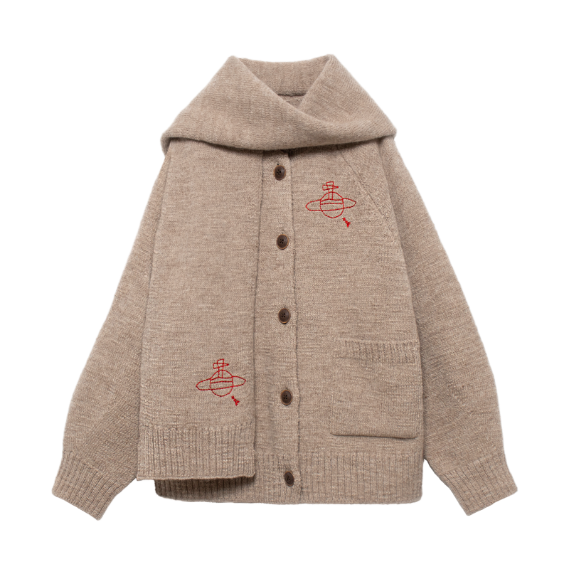 Vivienne Westwood 土星モチーフ ウールニット ロングカーディガン スカーフ付き 厚手アウター