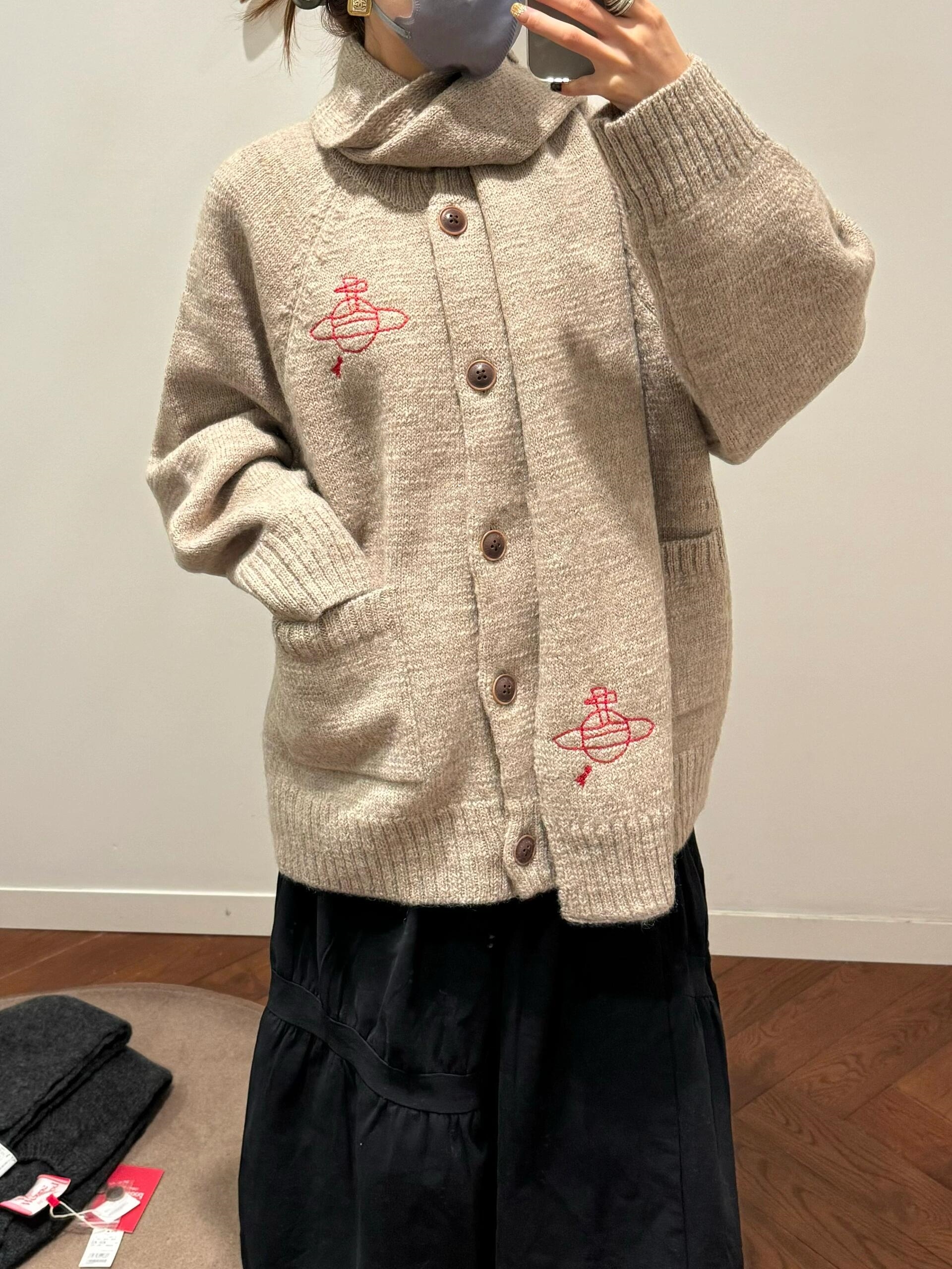 Vivienne Westwood 土星モチーフ ウールニット ロングカーディガン スカーフ付き 厚手アウター