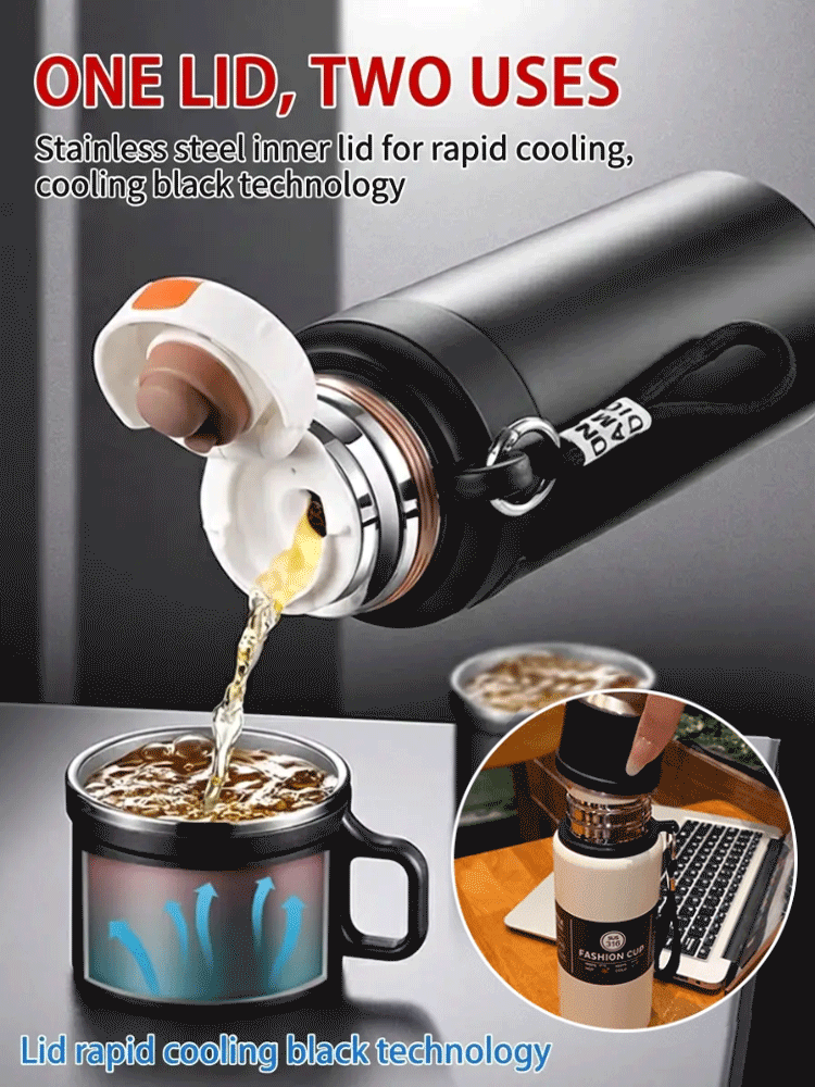 【48-Hour Long-Lasting Insulation】Large Capacity Dual-Lid Thermal Cup