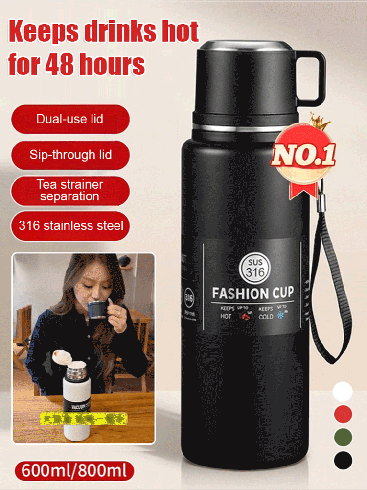 【48-Hour Long-Lasting Insulation】Large Capacity Dual-Lid Thermal Cup