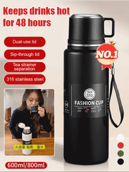 【48-Hour Long-Lasting Insulation】Large Capacity Dual-Lid Thermal Cup