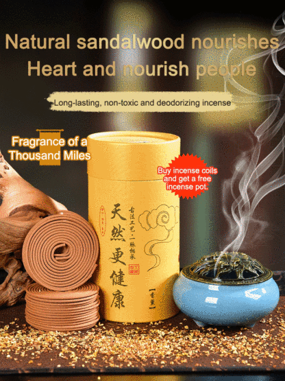 Natural sandalwood incense coils come with an incense burner.
