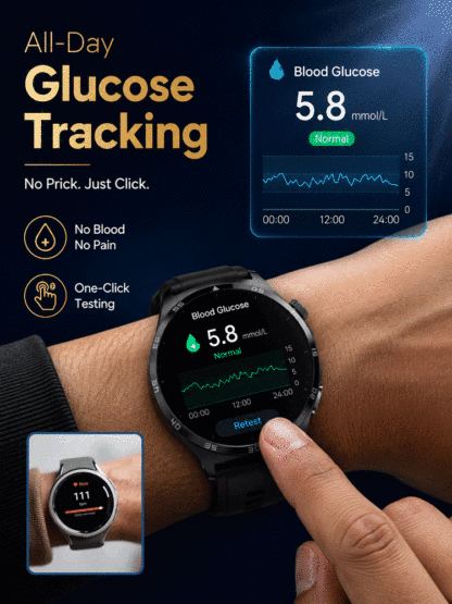 High-precision smart blood glucose monitoring watch【Continuous 24-hour monitoring of health indicators such as blood sugar, blood pressure, and blood oxygen!Clinically validated accuracy rate of 99.9%!】