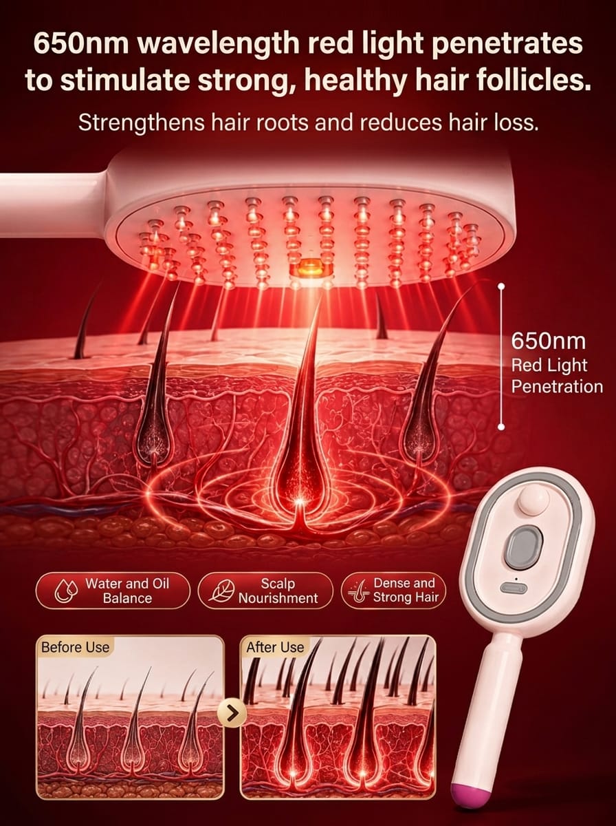 A multifunctional, leave-in essential oil hair care comb with red light therapy—instantly smooths hair, provides salon-grade scalp care, effectively prevents hair loss, and promotes hair regrowth!