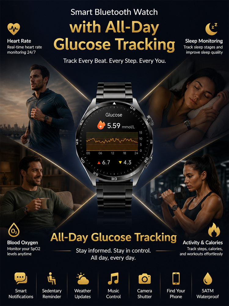 High-precision smart blood glucose monitoring watch【Continuous 24-hour monitoring of health indicators such as blood sugar, blood pressure, and blood oxygen!Clinically validated accuracy rate of 99.9%!】