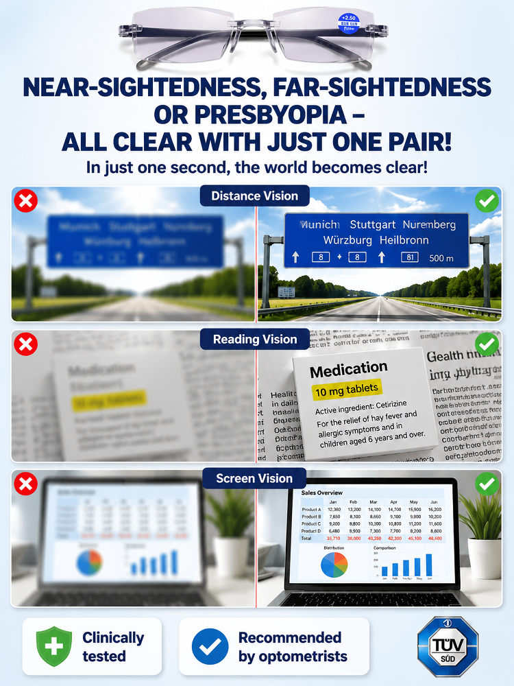 【German Optical Technology】0.01s Autofocus Progressive Lenses | +1.00–+7.00 diopters stepless for reading & driving 【Buy once, service for life – you'll never need glasses again!】
