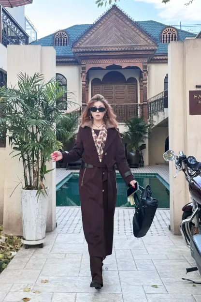 Қою шарап түсті бұлғын жағалы ұзын пальто-V10