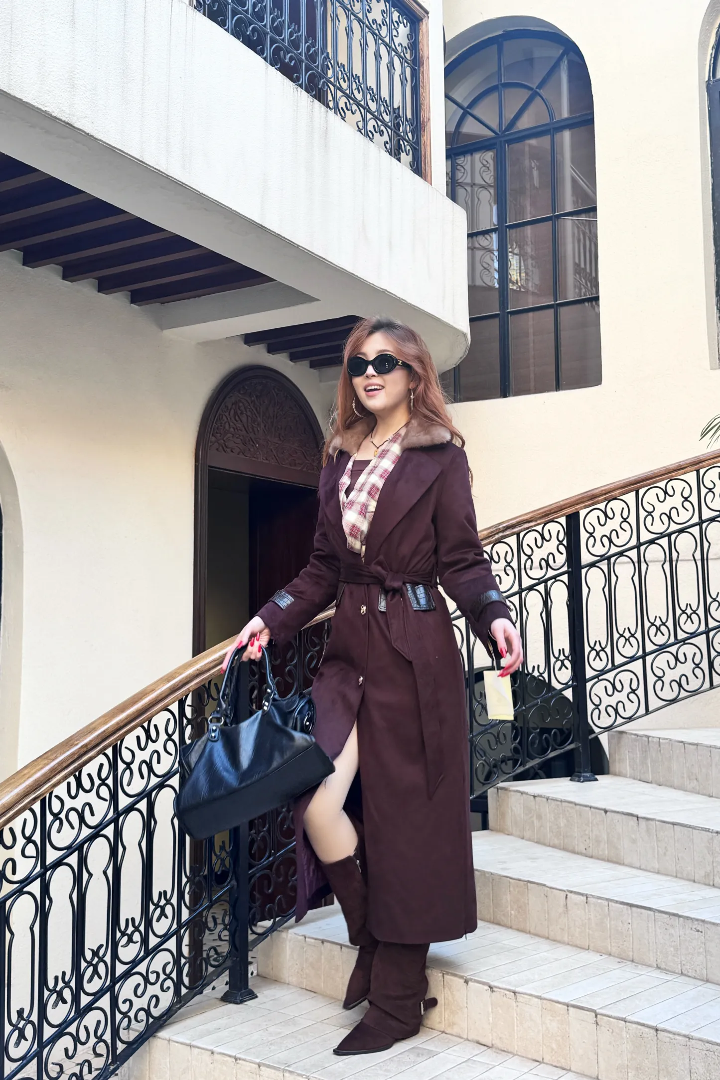 Қою шарап түсті бұлғын жағалы ұзын пальто-V10