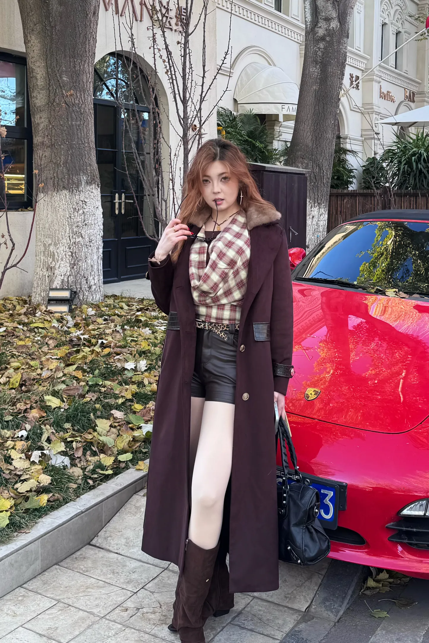 Қою шарап түсті бұлғын жағалы ұзын пальто-V10