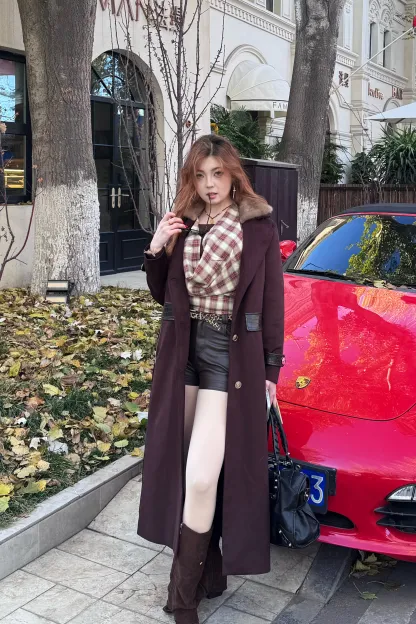 Қою шарап түсті бұлғын жағалы ұзын пальто-V10