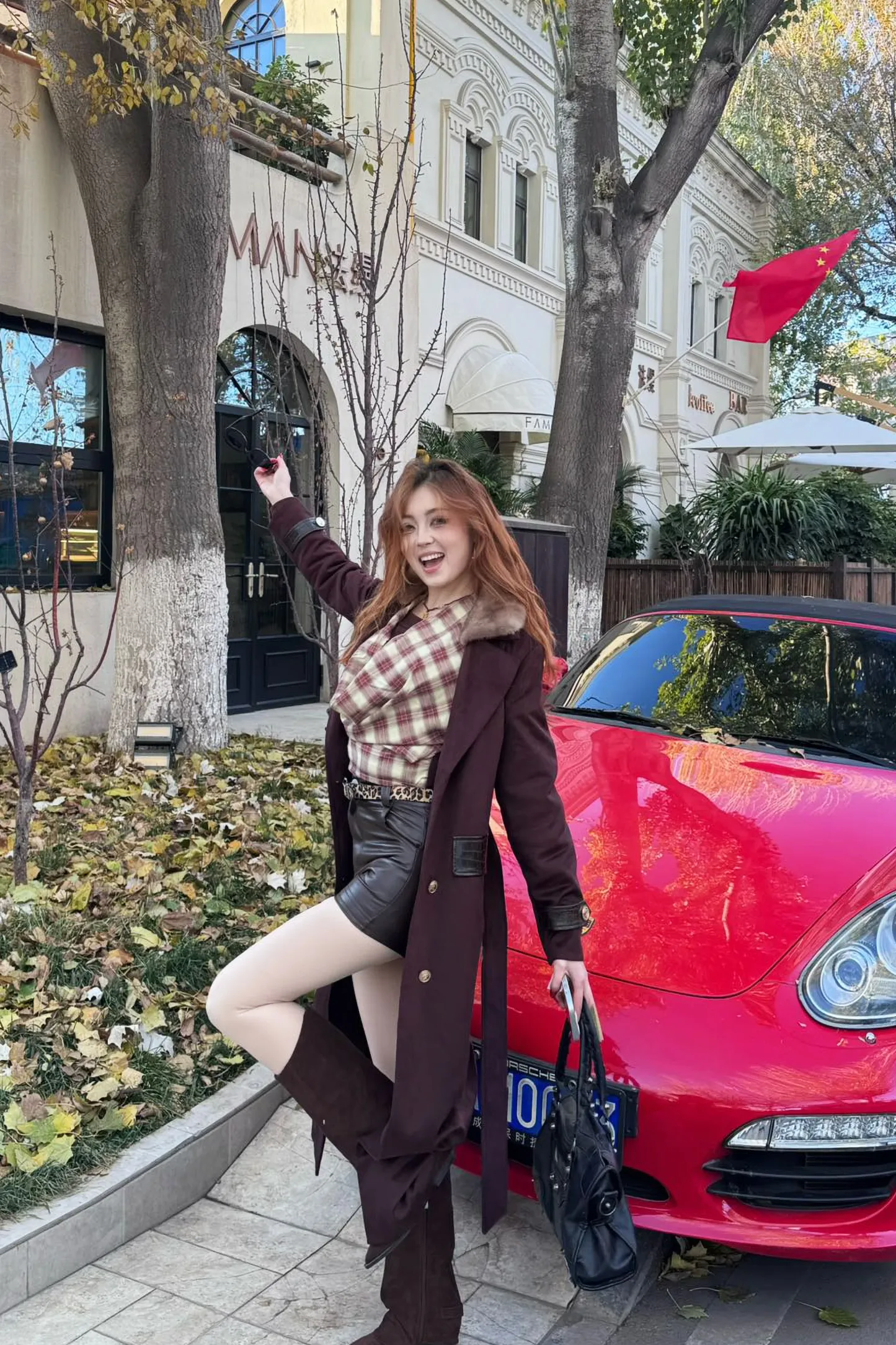 Қою шарап түсті бұлғын жағалы ұзын пальто-V10