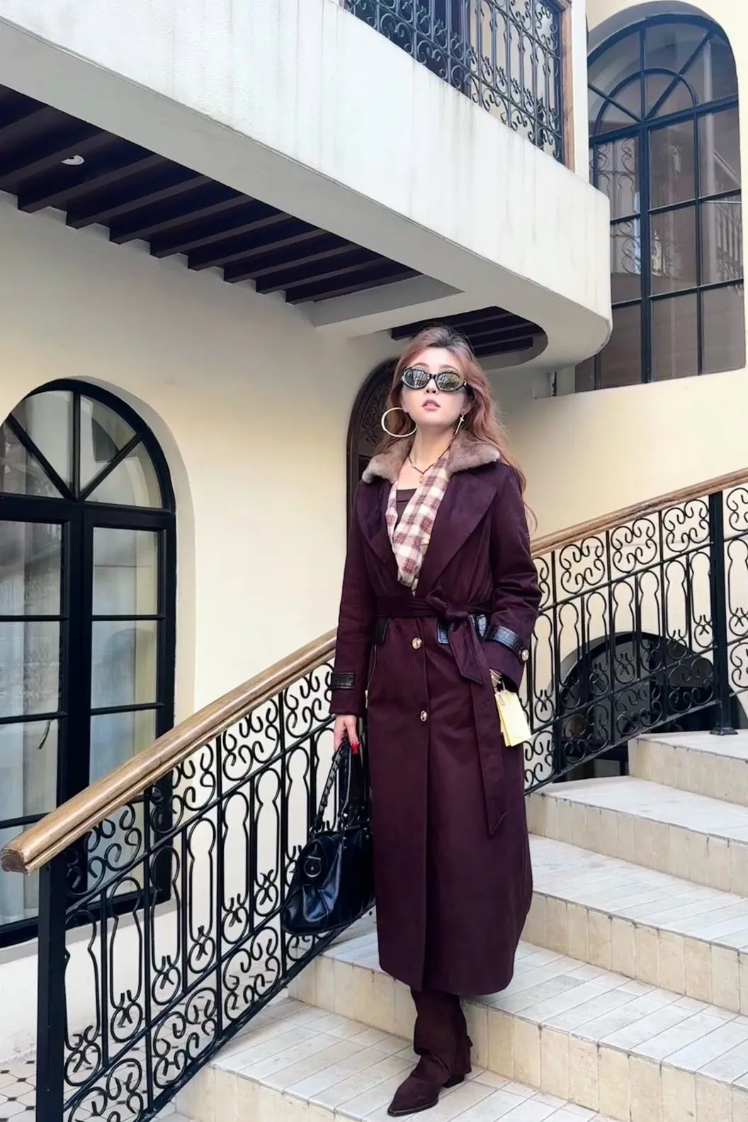 Қою шарап түсті бұлғын жағалы ұзын пальто-V10