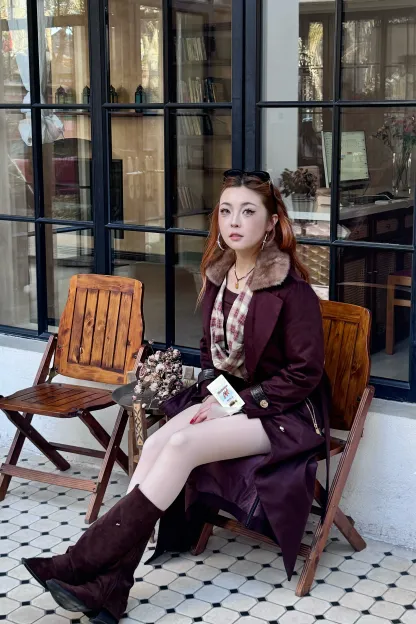 Қою шарап түсті бұлғын жағалы ұзын пальто-V10