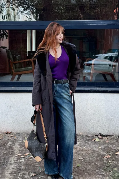 Пальто из натурального меха соболя, шоколадного цвета с поясом-V11