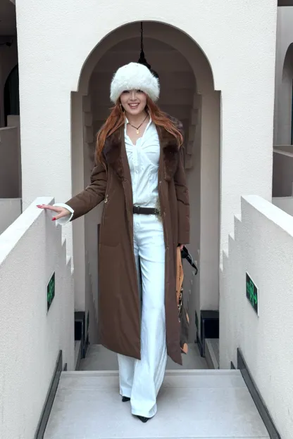 қоңыр түлкі жағалы ұзын жылы пальто-V3