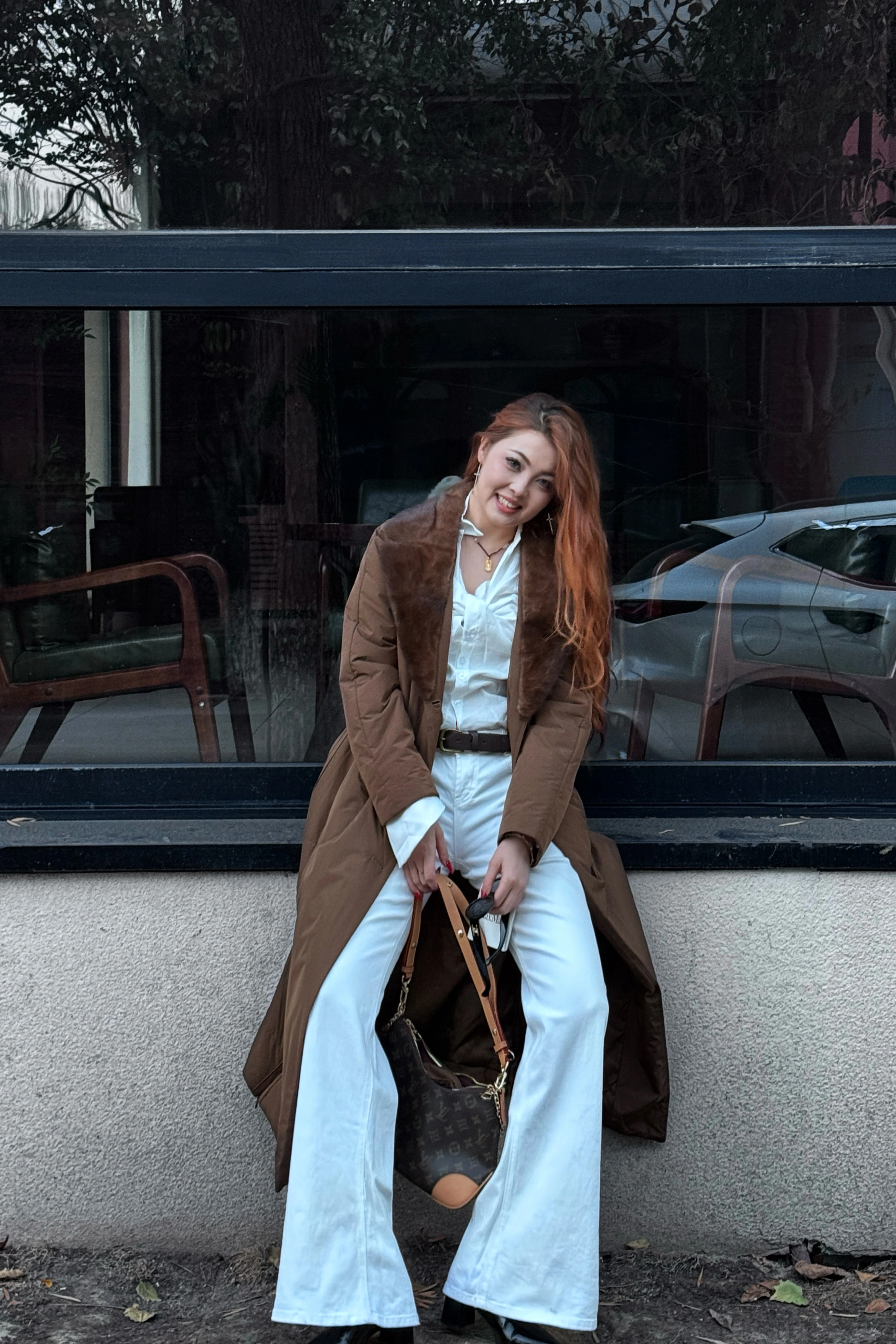 қоңыр түлкі жағалы ұзын жылы пальто-V3