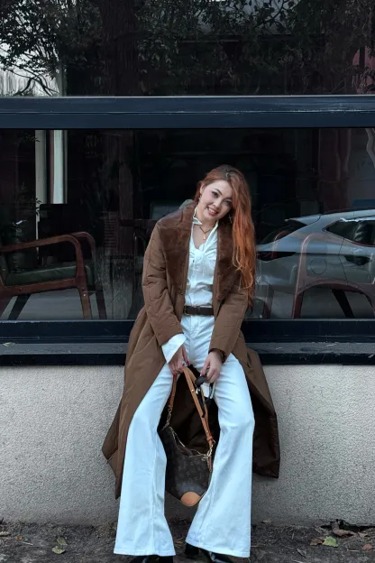 қоңыр түлкі жағалы ұзын жылы пальто-V3