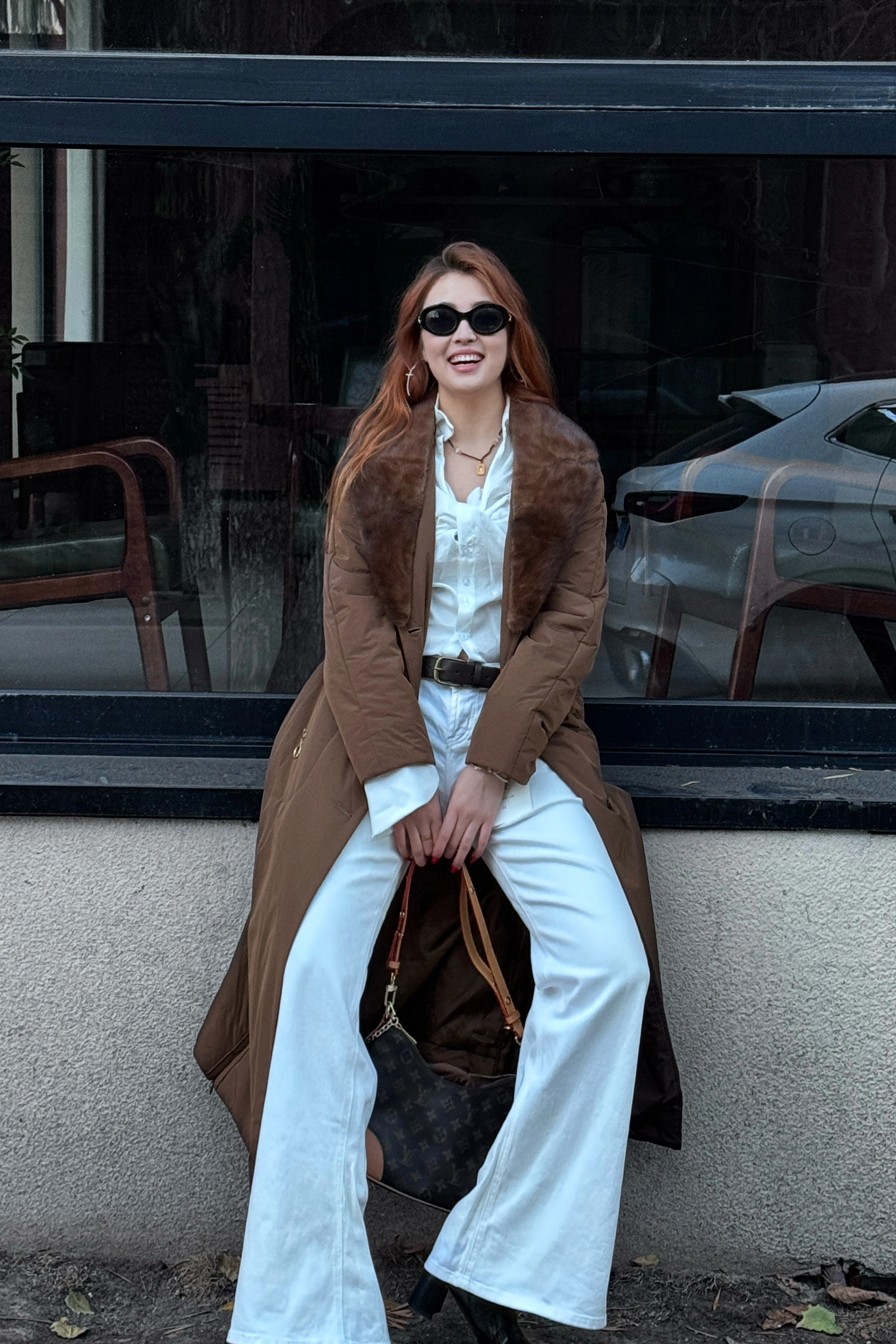 қоңыр түлкі жағалы ұзын жылы пальто-V3