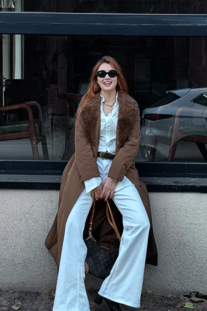 қоңыр түлкі жағалы ұзын жылы пальто-V3