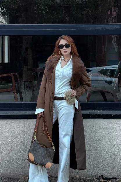 қоңыр түлкі жағалы ұзын жылы пальто-V3