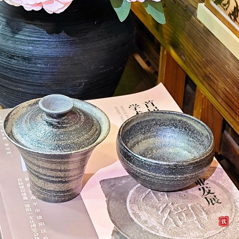 侘寂风马蹄盖碗+钵型主人杯 绞胎工艺