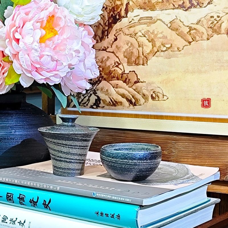 侘寂风马蹄盖碗+钵型主人杯 绞胎工艺