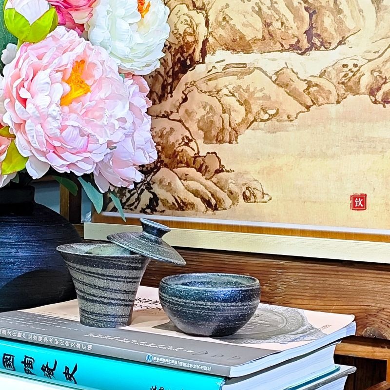 侘寂风马蹄盖碗+钵型主人杯 绞胎工艺