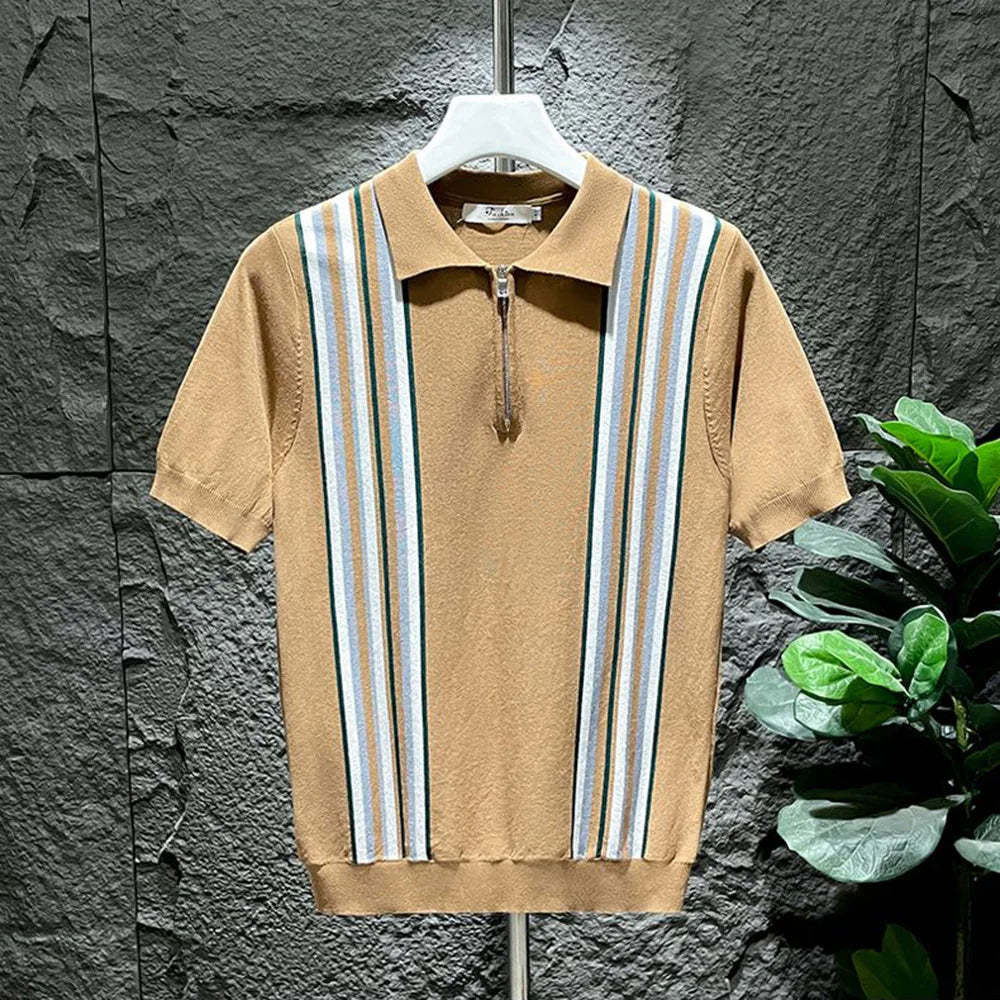 Mens Polo Shirt Ice Silk Retro Striped Short Sleeve