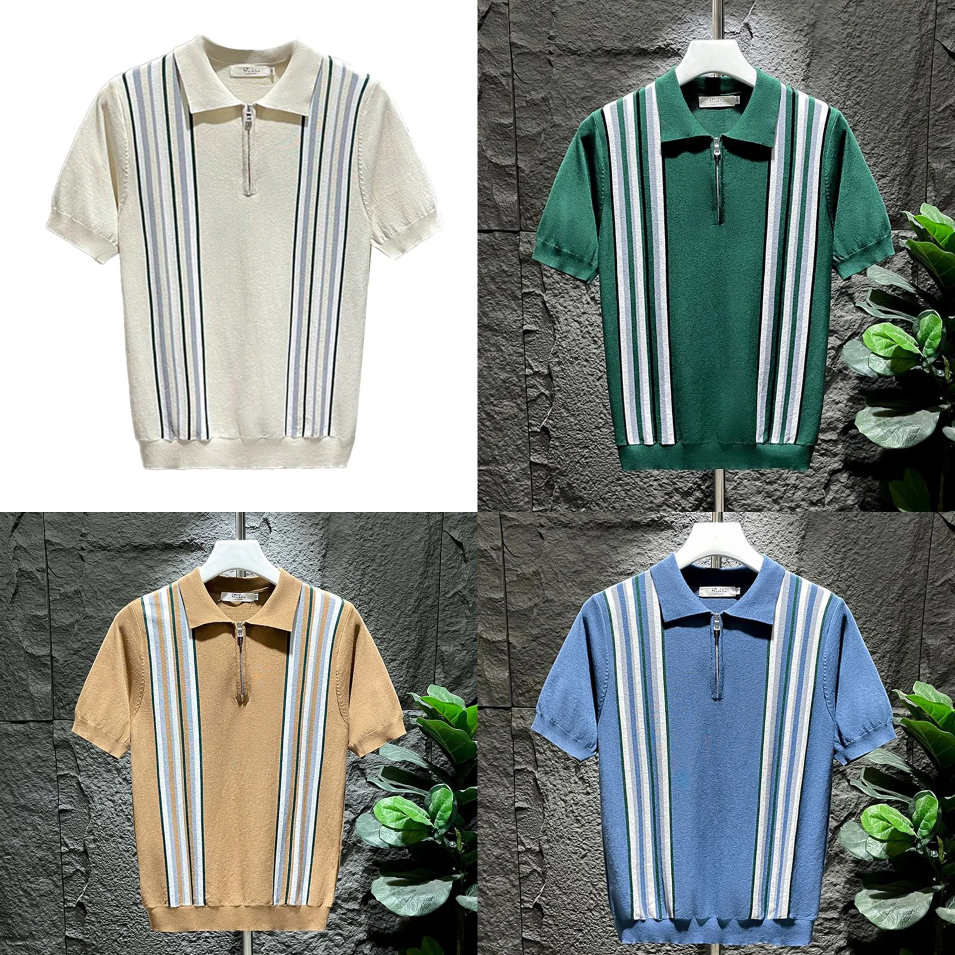 Mens Polo Shirt Ice Silk Retro Striped Short Sleeve
