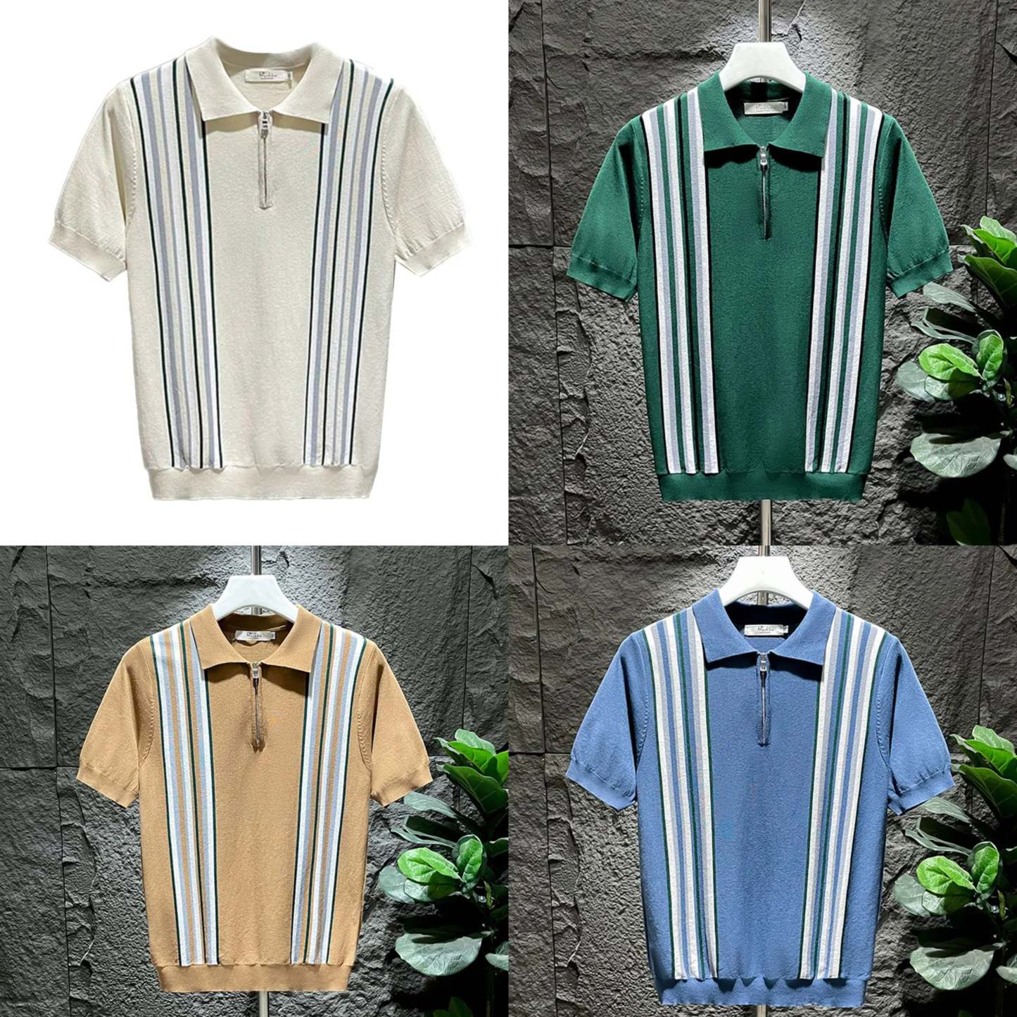 Mens Polo Shirt Ice Silk Retro Striped Short Sleeve