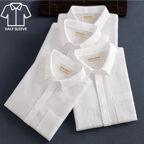 Men's Premium Line White Cotton Linen Shirt Half Sleeves (Pack Of 4)