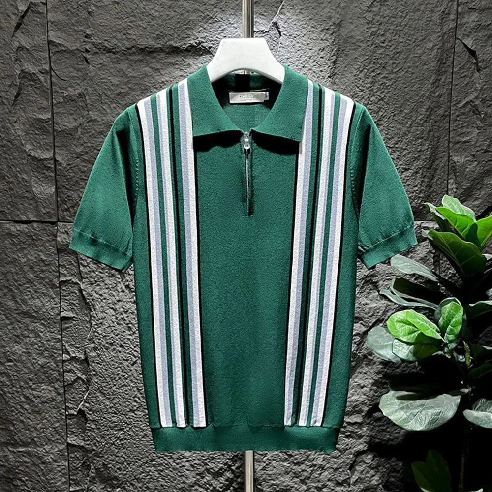 Mens Polo Shirt Ice Silk Retro Striped Short Sleeve