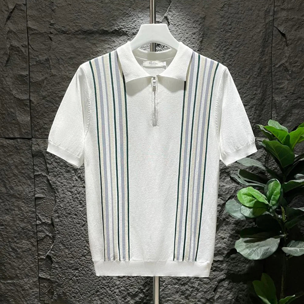 Mens Polo Shirt Ice Silk Retro Striped Short Sleeve
