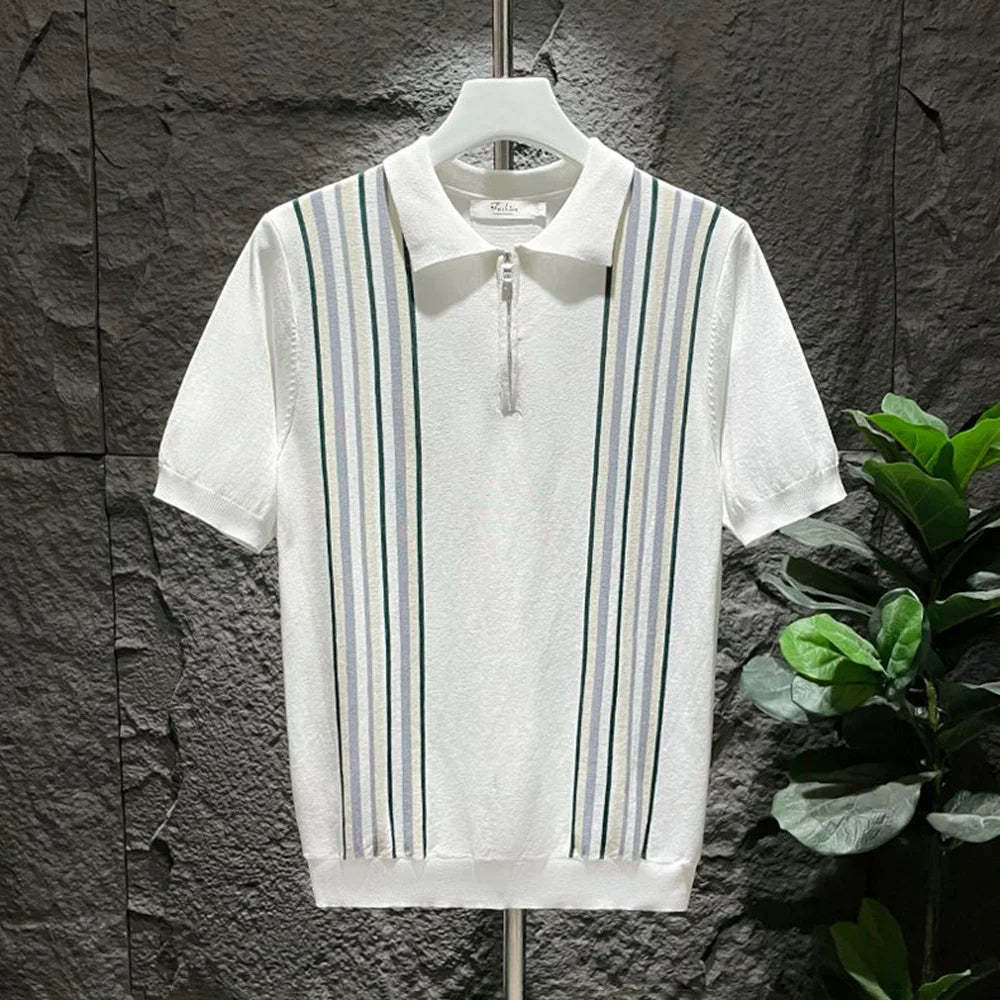 Mens Polo Shirt Ice Silk Retro Striped Short Sleeve