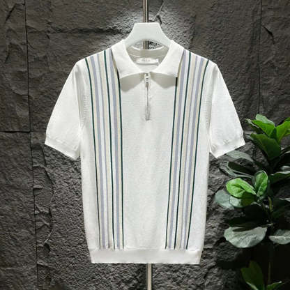 Mens Polo Shirt Ice Silk Retro Striped Short Sleeve