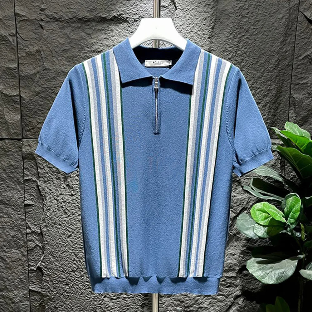 Mens Polo Shirt Ice Silk Retro Striped Short Sleeve
