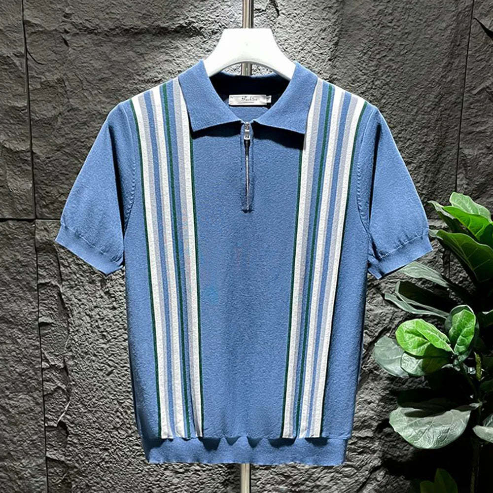Mens Polo Shirt Ice Silk Retro Striped Short Sleeve