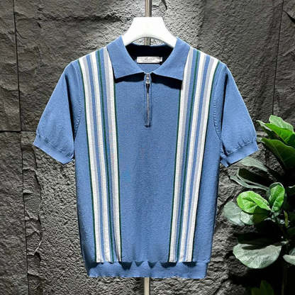 Mens Polo Shirt Ice Silk Retro Striped Short Sleeve