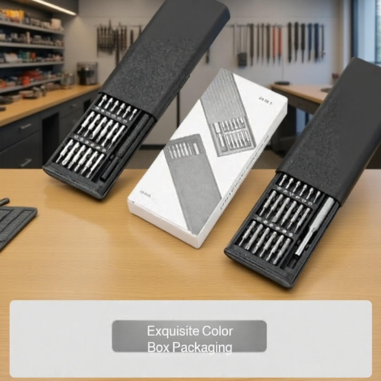 Detailed image of assorted screwdriver heads included in the set