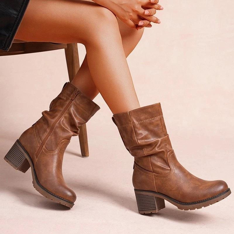 Women's Mid Calf Cuban Heel Zip Boots