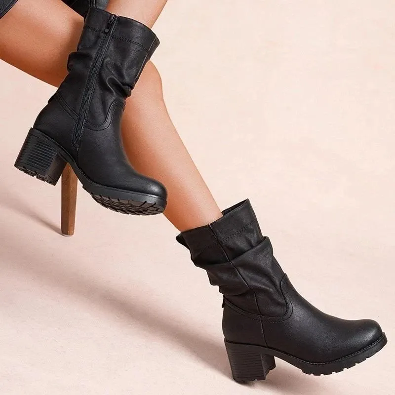 Women's Mid Calf Cuban Heel Zip Boots