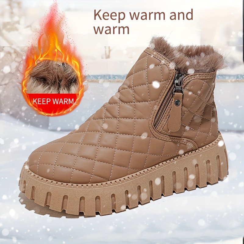 Women's Winter Boots with Faux Fur Lining & Zipper Closure - PU Cover Round-Toe Ankle Boots