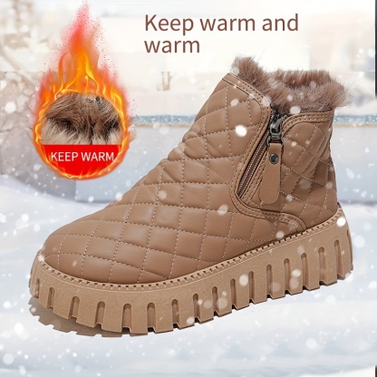 Women's Winter Boots with Faux Fur Lining & Zipper Closure - PU Cover Round-Toe Ankle Boots