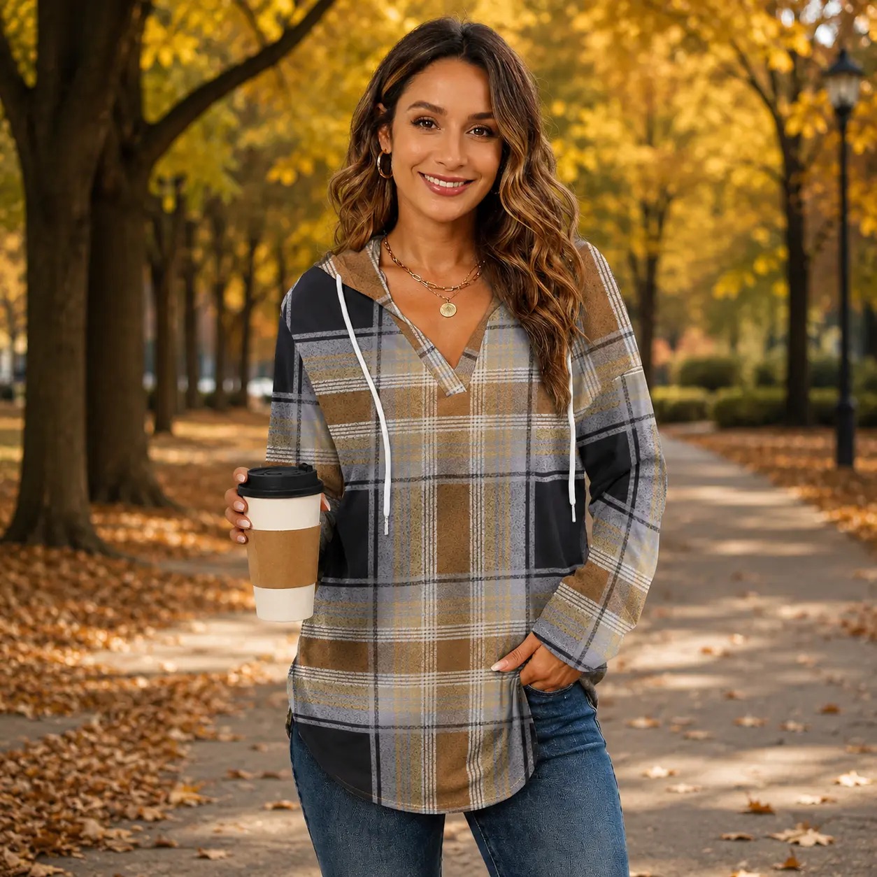 Women's Plaid Hoodie Tunic Top