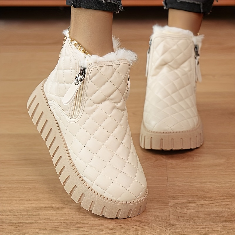 Women's Winter Boots with Faux Fur Lining & Zipper Closure - PU Cover Round-Toe Ankle Boots