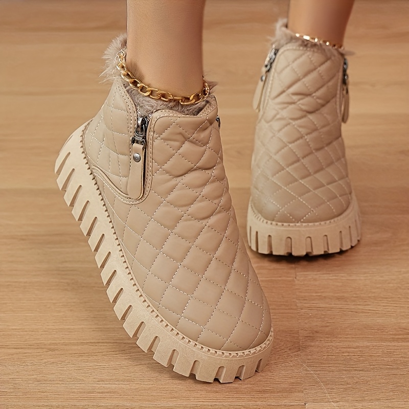 Women's Winter Boots with Faux Fur Lining & Zipper Closure - PU Cover Round-Toe Ankle Boots