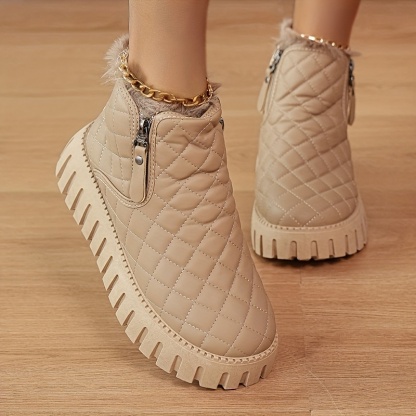 Women's Winter Boots with Faux Fur Lining & Zipper Closure - PU Cover Round-Toe Ankle Boots